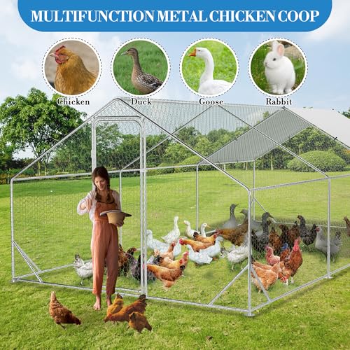 Large Metal Chicken Coop, 19.7'L x 9.8'W x 6.6'H Walk-in Poultry Cage, Chicken Run Pen House with Waterproof & Anti-Ultraviolet Cover Chicken Coop Run for Outdoor Backyard Farm - size: 118.1"L x 236.2"W x 78.7"H