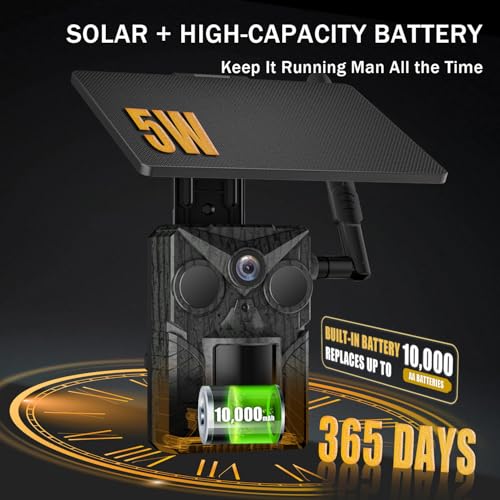 Solar Cellular Trail Camera 4G LTE, Preloaded Trial SIM, No Monthly Fees (Use Your Own SIM), Sends Pictures to Phone, 2K Live Video 10000mAh Battery 0.2s Trigger IP66 Game Cam for Farm Hunting