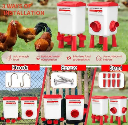 Automatic Chicken Feeder and Waterer Set(4 Buckets/2-3 gallons), 18 Pounds No Waste, Rain Proof Poultry Feeder, Avoid Small Animals, Suitable for Chicken, Duck, Turkey(Red Color)