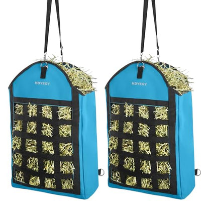 2 Pack Heavy Duty 1200D Oxford Slow Feeder Hay Bag with Large Opening for Horse, Goat, Donkeys, 13.78x7.45x18.1 Inch, Blue