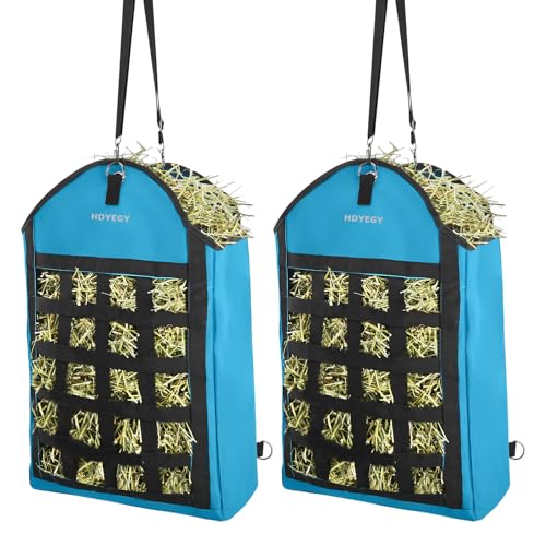 2 Pack Heavy Duty 1200D Oxford Slow Feeder Hay Bag with Large Opening for Horse, Goat, Donkeys, 13.78x7.45x18.1 Inch, Blue