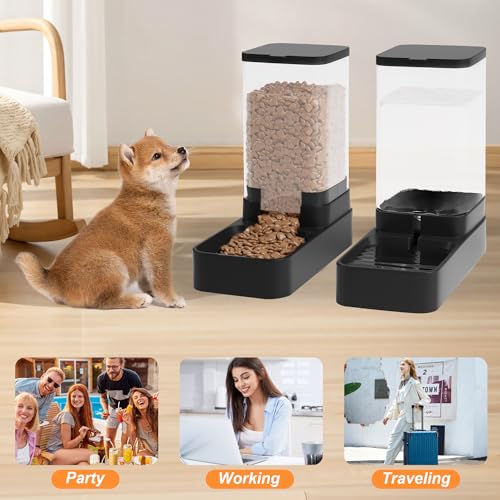 Automatic Cat Feeder and Water Dispenser in Set with Pet Food Bowl,Gravity Dog Waterer and Food Feeder for Small Medium Dog Cat Puppy Kitten Large Capacity(3.8L,Black) - size: 3.8L