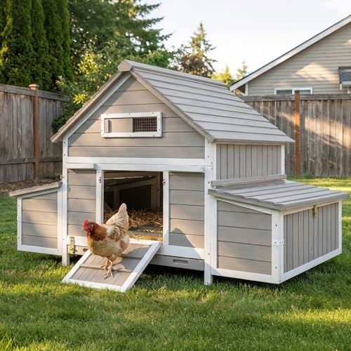 Large Chicken Coop for 4 - 6 Chickens with 6 Nesting Boxes, Wooden Outdoor Hen House with Pull-Out Tray, Backyard Chicken Coop with Weatherproof Openable Roof, 3 Perches, Expandable Run(61"L x 33.5"W) - size: 61.0"L x 33.5"W x 40.2"H
