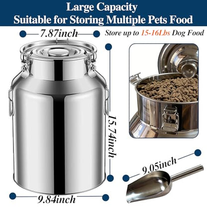 15 Lbs Stainless Steel Dog Food Storage Container with Scoop, Large Metal Dog Food Bin with Airtight Lid & Locking Clamp, Pet Food Container for Dogs & Cats, Keep Fresh, Easy to Clean - size: 15 Lbs
