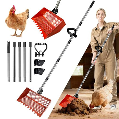 Chicken Coop Scoop (22 to 75") Chicken Coop Rake and Scoop with Grip 5 Section Extra Long Handle Chicken Pooper Scooper for Sand Metal Chicken Cleaning Tools Livestock Rake (Orange) - color: Orange