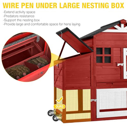 Aivituvin Chicken Coop Mobile Chicken House on Wheels, Rabbit Hutch Bunny Cage Expandable Wooden Poultry Cage with Large Nesting Box Leakproof Pull-Out Tray,UV-Resistant Roof (Red, AIR32) - color: Red, size: AIR32