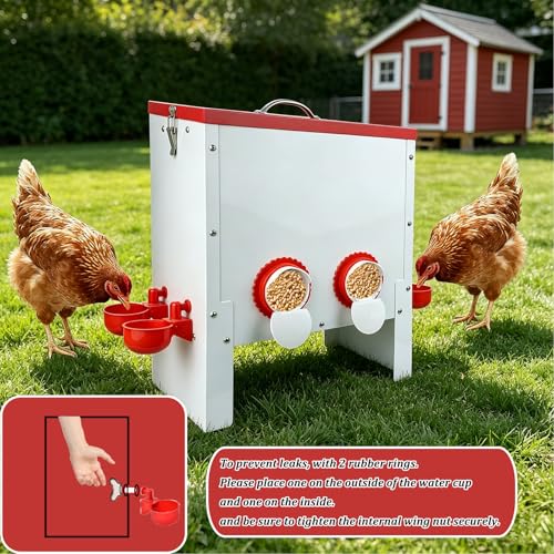 2 in 1 Metal Large Chicken Feeder and Waterer Set 35 LB No-Waste Design Automatic Chicken Feeder and Waterer for Outdoor Coops with 4 Feeding Ports and 5 Water Cups