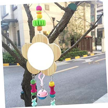 Sosoport Rooster Chicken Mirror Toy Bell Pendant for Cage Interactive Wooden Pet Supplies for Hens Reduces Boredom and Encourages Playfulness