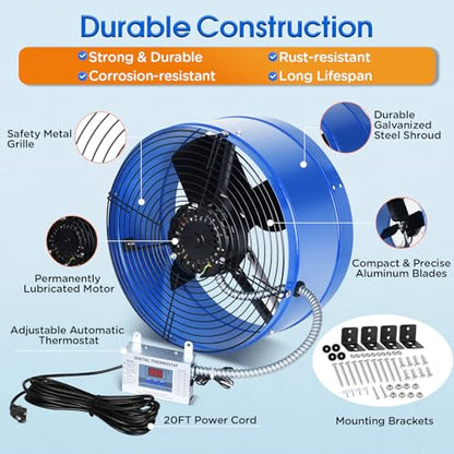 15" Attic Exhaust Fan with Thermostat - 1300CFM Gable Vent Fan with Thermostat Covers 1850 Sq.ft, Plug-and-Play Gable Attic Fans with 20FT Power Cord & 60Hz Motor Low Noise for Home Garage Shed - size: 1300CFM