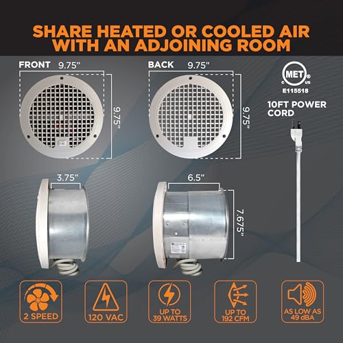 Suncourt ThruWall Room-to-Room Transfer Fan — Quiet Through Wall Vent Fan Improves Air Circulation Between Rooms 200-440 Sq. Ft. | 10’ Power Cord, 2-Speed (TW108) - size: Up to 192 CFM-Corded