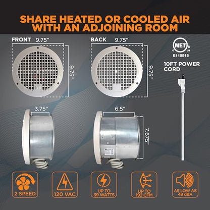 Suncourt ThruWall Room-to-Room Transfer Fan — Quiet Through Wall Vent Fan Improves Air Circulation Between Rooms 200-440 Sq. Ft. | 10’ Power Cord, 2-Speed (TW108) - size: Up to 192 CFM-Corded