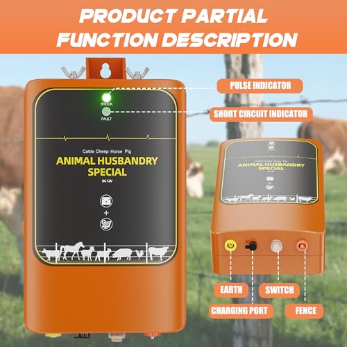 10-Mile Livestock Electric Fence, 12W Solar Panel Fast Charging,24-Hour uninterrupted Discharge to Drive Away Wild Animals, Built-in Large-Capacity Battery, can Last for X Hours (Orange Color)
