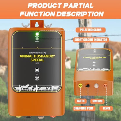 10-Mile Livestock Electric Fence, 12W Solar Panel Fast Charging,24-Hour uninterrupted Discharge to Drive Away Wild Animals, Built-in Large-Capacity Battery, can Last for X Hours (Orange Color)