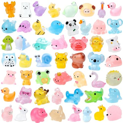 52Pcs Luminous Mini Resin Animals 52 Styles Miniature Glow in the Dark Resin Animal Figures to Hide Tiny Small Little Ducks Turtles Dinosaurs and Frogs for Micro Landscape Dollhouse Fairy Garden Decor - style: 52Pcs-Luminous
