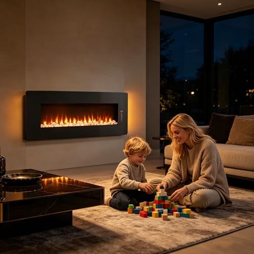 48" Curved Glass Electric Fireplace, Wall Fireplace Electric with Remote Control, 4 Adjustable Flame Colors, Wall Mounted/Freestanding, 1400W Fireplace Heater, Backlight, 3 Media Bed, Timer - size: 48 Inch Standard