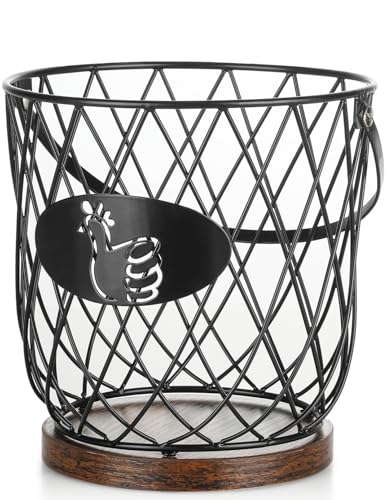 Round Egg Basket for Gathering Fresh Eggs, Metal | Non-Slip Wooden Base, K-Cup Organizer, Comfortable and Secure Grip, Countertop Decor, Easy Accessible, Easy Clean