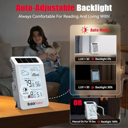BaldrTherm Outdoor Indoor Thermometer Wireless Weather Station, Dual-Zone Childroom Temp Humidity Monitor, Auto Smart Backlight,Temp/Humidity/Barometric Trend Visualization, White&White - color: White&White