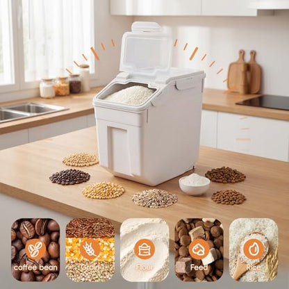 55 lbs Wheeled Airtight Storage Bin, Large Silicone Seal Dry Organizer, Leakproof Holder for Grain, Rice, Flour, Pet Supplies, Kitchen & Pantry Use White - color: White