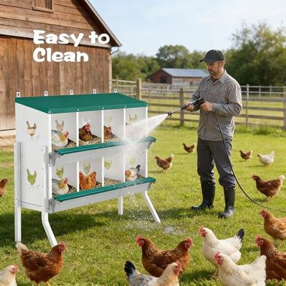 8-Compartment Chicken Nesting Box, Heavy Duty Galvanized Steel Poultry Nest Box, Wall Mount/Freestanding Design for Hens, Ducks, Backyard Homesteads & Farm Use, Green, 10 Mats &4 Eggs, with Stand - color: Green, size: 8 Room&Mat eggs