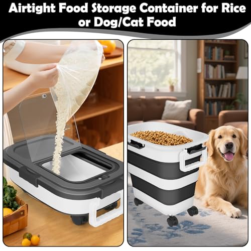 Dog Food Storage Container, 25Lbs Large Collapsible Pet Cat Food Container with Airtight Lids Wheels Handle Scoop Measuring Cup Small Container, Rice Kitchen Dry Food Storage Dispenser Bin (Black)
