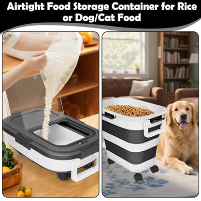Dog Food Storage Container, 25Lbs Large Collapsible Pet Cat Food Container with Airtight Lids Wheels Handle Scoop Measuring Cup Small Container, Rice Kitchen Dry Food Storage Dispenser Bin (Black)