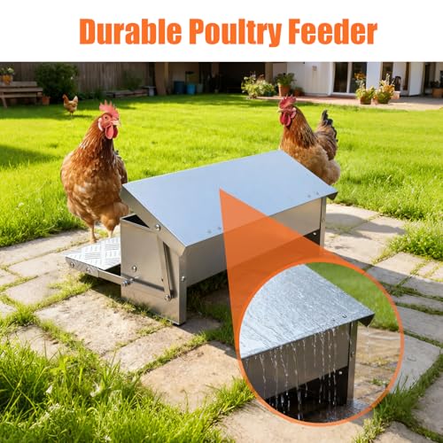 Chicken Feeder No Waste Rat Proof Automatic Treadle Feeder 15 Lbs | Poultry Feeder,Stainless Steel Material,Heavy Duty,With Lid & Legs,Weatherproof,Rainproof,Used for Outdoor & Chicken Coop