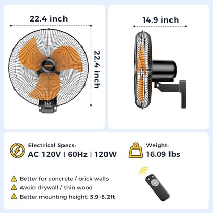 CAMMOO 20 Inch Wall Mount Fan Oscillating, Wireless Remote & Button Control | 32ft Wireless Control, 6.6ft Power Cord, Supports 3-Speed, 8H Timer, Sleep & Natural Mode, High Velocity Wall Fan