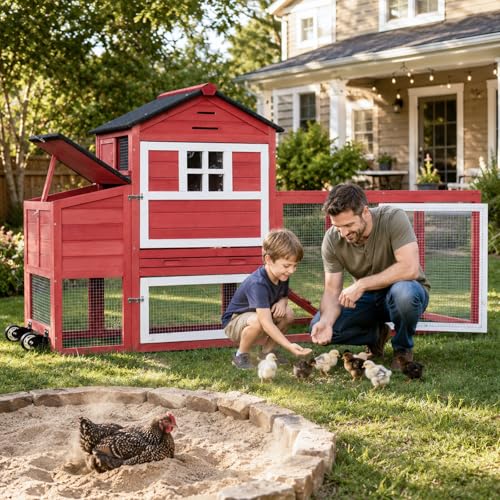 Portable Chicken Coop with Wheels Poultry Cage, Wooden Chicken Coop for 4-6 Chickens, Nesting Box, Pull-Out Tray, Ventilated Windows, Asphalt Weatherproof Roof, 81.5" Lx25.6 Wx44.1 H, Red - color: Red