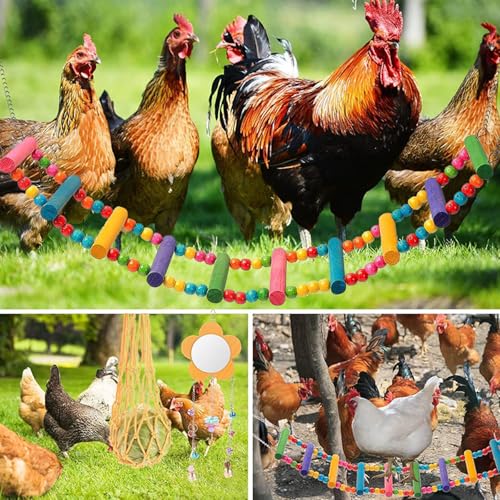 7Pack Chewing Foraging Toy for Chicken Coop Accessories Xylophone Swing Ladder Bridge Mirror Wooden Hanging Feeder Bell Toys Playing Training Toys for Budgerigar Parakeet Hens Birds Cockatiel Mynah