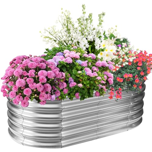 TBMLC 17" Tall Elevated Oval Metal Raised Garden Bed - 4ft x 2ft in Size and 0.8MM Thick Durable Planter Bed/Box for Vegetables Flowers Succulent at Patio/Garden Outdoor (Silver, 4X2X1.4 FT) - color: Silver, size: 4X2X1.4 FT