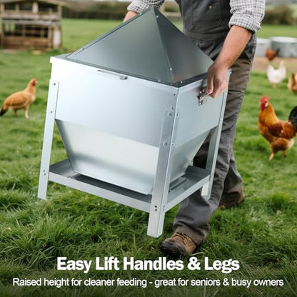 80LBS Large Metal Chicken Feeder, Galvanized Steel Gravity Chicken Feeder with 4-Sided Trough, No Waste Design, Waterproof Locking Lid, Heavy Duty Automatic Outdoor Poultry Feeder for Backyard & Farm