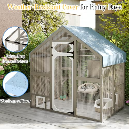 Ketive Cat Catio Outdoor Enclosure for Multiple Cats, Large Wooden Walk-in Cat House with Window Connection, 2 Condos, Platforms, Doors, and Weatherproof Roof Cover (69.5" L x 47" W x 71" H) - size: 69.5"L x 47.0"W x 71.0"H