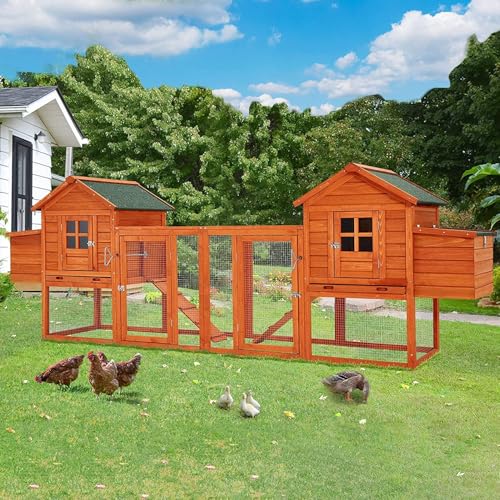 AECOJOY 123“ Chicken Coop for 10 Chickens | Large Chicken Coop with Run, 4 Nesting Boxes, Wooden Outdoor Chicken House with Removable Tray, Roosting Bars, Ramp, Brown - color: Brown