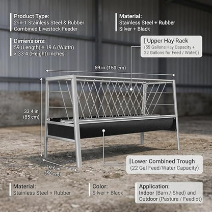 Stainless Steel Goat Feeder,2-in-1 Hay Feeder for Goats Sheep Calves Horses and Pastures, Anti-Waste Goat Feeder with Rubber Trough Livestock Feeder