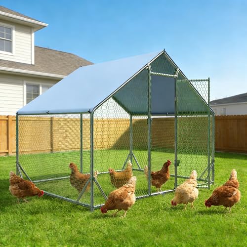 Large Metal Chicken Coop Walk-in Run, 6.5x9.8x6.4ft Heavy-Duty Galvanized Poultry Enclosure with Waterproof Peaked Roof, Predator-Resistant Outdoor Chicken House for Yard - color: Peak Roof, size: 78.8"L x 118.0"W x 78.0"H