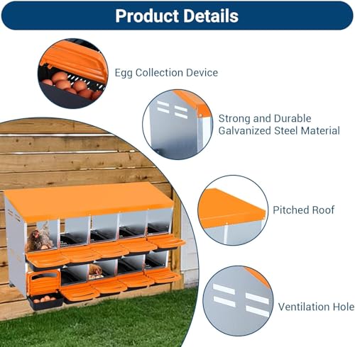 Chicken Nesting Box,10 Hole 2 Layer Hen Nest Boxes, Roll-Away Egg Collection System with Ventilation Holes，Rustproof Plastic Tray & Keyhole Mounting, Chicken Laying Box - color: Orange, size: 10 holes