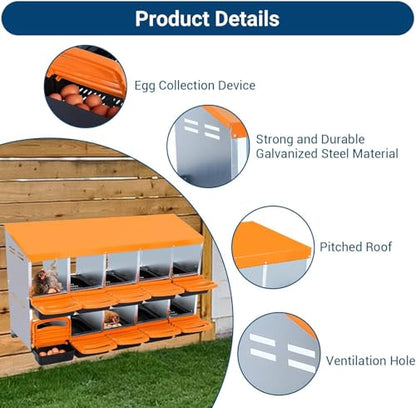 Chicken Nesting Box,10 Hole 2 Layer Hen Nest Boxes, Roll-Away Egg Collection System with Ventilation Holes，Rustproof Plastic Tray & Keyhole Mounting, Chicken Laying Box - color: Orange, size: 10 holes