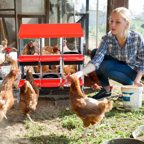 GarveeHome 2-Tier Chicken Nesting Box, 6 Compartment Metal Chicken Laying Boxes with Waterproof Roof ＆ Removable Trays for Hens, Poultry，Easy Egg Collection - color: Red, size: 6 holes with legs