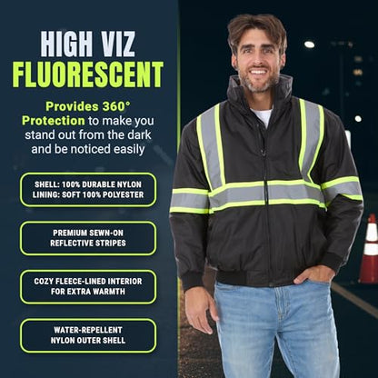 North 15 Men's High Visibility Reflectrd Hooded Safety Bomber Jacket, Fleece Lined - color: Black, size: Small