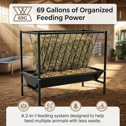 Pasture Hay Feeder 70 Gallon Heavy Duty Steel, 2-in-1 Livestock Feeder with Feed Pan, Black Powder Coated Large-Capacity Livestock Feeder for Sheep, Calf, Cow and Horse