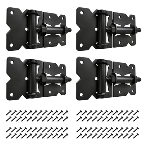 Heavy Duty Self-Closing Gate Hinges for Vinyl & Wooden Fence Gates, 90° Adjustable Hinges Kit with Swing Adjuster Tool and Self-Tapping Screws, Non-Weld Black Finish,4-Pack - size: Gate Hinges-4 Pcs
