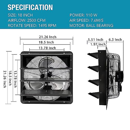 VENTISOL 18 Inch Shutter Exhaust Fan Wall Mounted, Aluminum with 1.65 Meters Power Cord Kit,High Speed 2500CFM, Ventilation Fan for Garage,Greenhouse,Attic,Shed,Shop,Black - size: 18 Inch