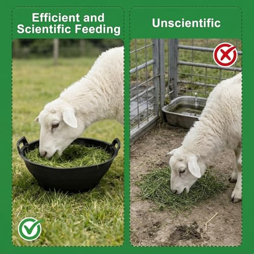 2-Pack 15.4 Inch Thick Rubber Feed Pan with Handle, Stackable Animal Feeding Buckets for Horses, Goats, Chickens, Livestock Feed Bowl, & Heavy Duty