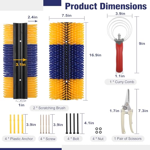 2 Pack Livestock Scratching Brushes, with Horse Comb & Trimming Shears, Large Soft Cow Scratcher, Goat Horse Scratching Post, Massage Brush for Horses, Sheep, Deer