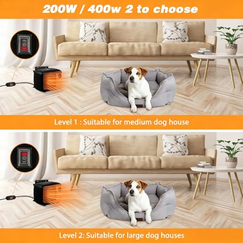 Dog House Heater with Thermostat,Wall-Mounted Dog Heater with 6.5FT Bite Proof Wire,Heaters for Dogs House with Safe Overheat Protection(2 Heating Mode200W/400W)-Black - color: Black