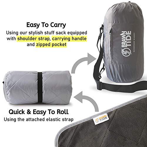 BRAWNTIDE Large Waterproof Outdoor Blanket, Extra Thick Fleece, Warm, Windproof & Sandproof, Quilted Stadium Blanket for Sports Events, Beach, Camping, Picnics, Dogs & Car, 82" x 55 - color: Gray