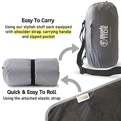 BRAWNTIDE Large Waterproof Outdoor Blanket, Extra Thick Fleece, Warm, Windproof & Sandproof, Quilted Stadium Blanket for Sports Events, Beach, Camping, Picnics, Dogs & Car, 82" x 55 - color: Gray