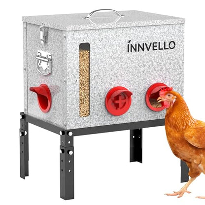 40LB Metal Chicken Feeder with Adjustable Legs - Automatic Gravity Poultry Feeder No Waste - Rat Proof Galvanized Large Chicken Feed Container with 6 Ports & Double Viewing Windows
