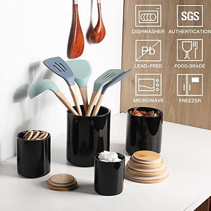 Sweejar Kitchen Canisters Ceramic Food Storage Jar Set, Stackable Containers with Airtight Seal Wooden Lid for Serving Ground Coffee, Tea, Herbs, Grains, Sugar, Salt - Set of 4 (Black) - color: Black, style: Set of 4(Updated Version)
