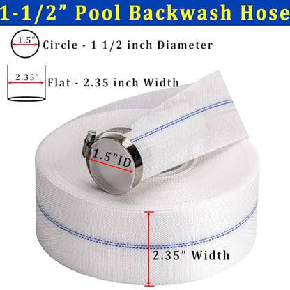 Pool Backwash Hose 1-1/2” × 65 ft Fiber Reinforced Discharge Hose General Purpose Flexible Lightweight Lay Flat Pump Drain Pipe Hose for Water Transfer (1.5in-65ft, Anti-abrasion) - size: 1.5in-65ft